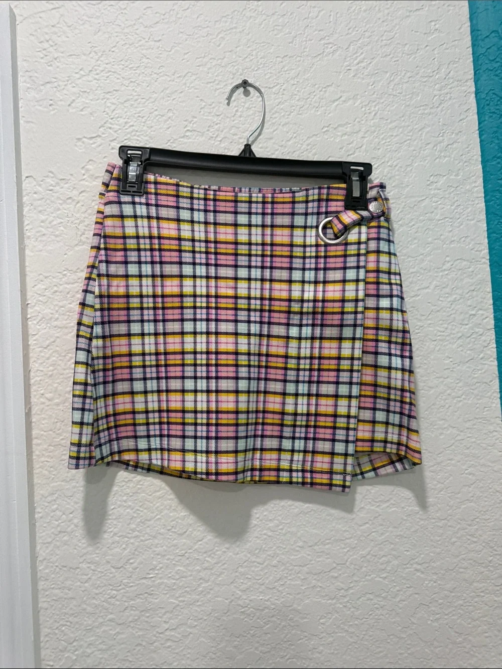 Justice Pink and Yellow Plaid Mini Skirt with Side Buckle
